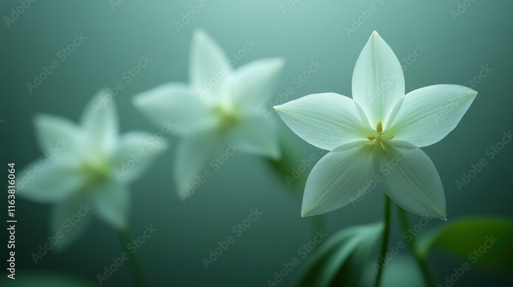 Naklejka premium Three delicate white flowers in soft focus against a muted green background.