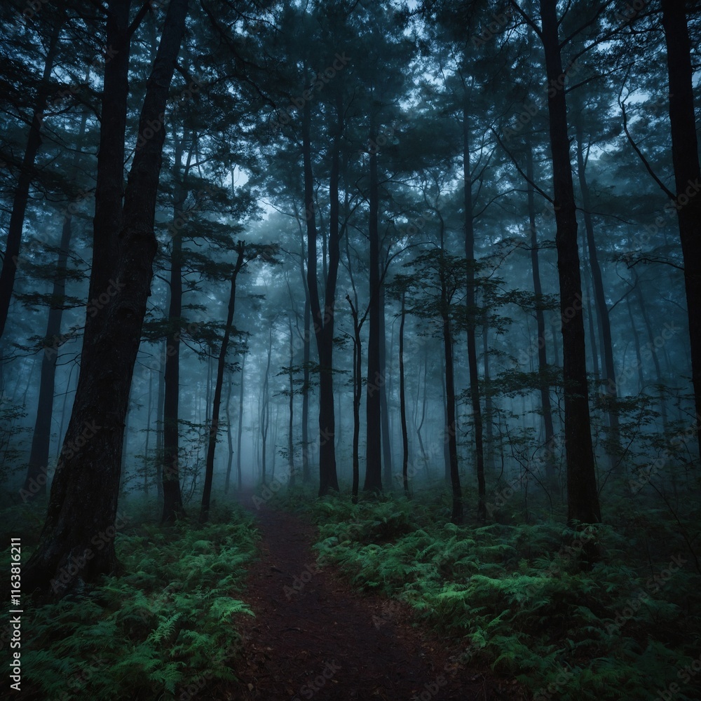 Obraz premium A misty forest with the faint outline of people walking toward a glowing light in the distance.