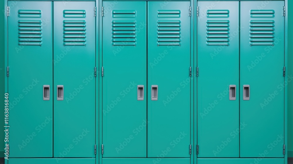 Fototapeta premium Vibrant Teal Metal Lockers in School Hallway Environment