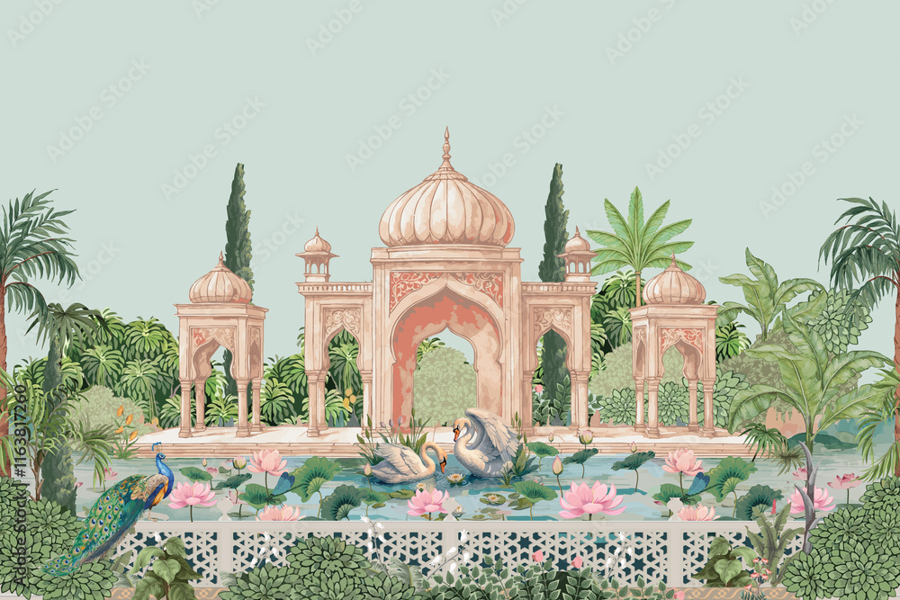 custom made wallpaper toronto digitalMughal garden lake with swan, lotus flower, peacock, palace, tree illustration for wedding invitation seamless pattern