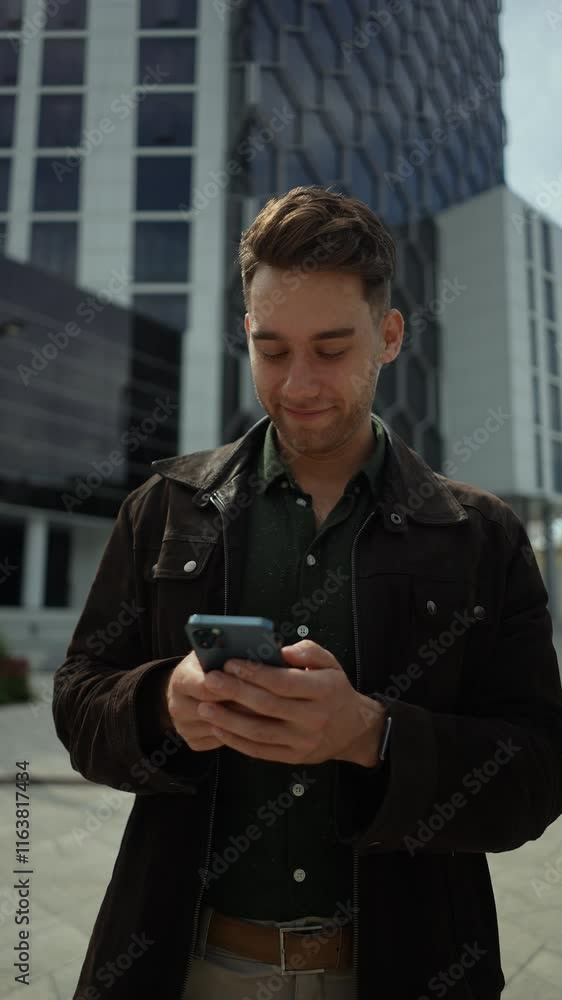 Vertical portrait of happy young man smiling using smartphone looking to screen standing in front of sleek modern office building, enjoying sunny day during refreshing work break in city, slow motion. Vertical portrait of happy young man smiling using smartphone looking to screen standing in front of sleek modern office building, enjoying sunny day during refreshing work break in city, slow motion.