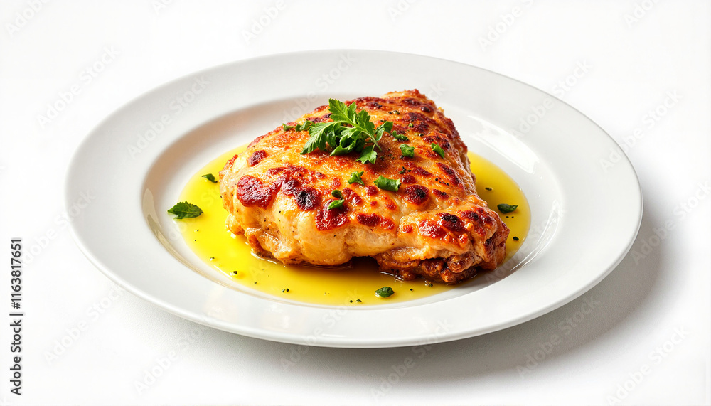 Baked chicken thighs topped with savory sauce and green onions served on a white plate Baked chicken thighs topped with savory sauce and green onions served on a white plate