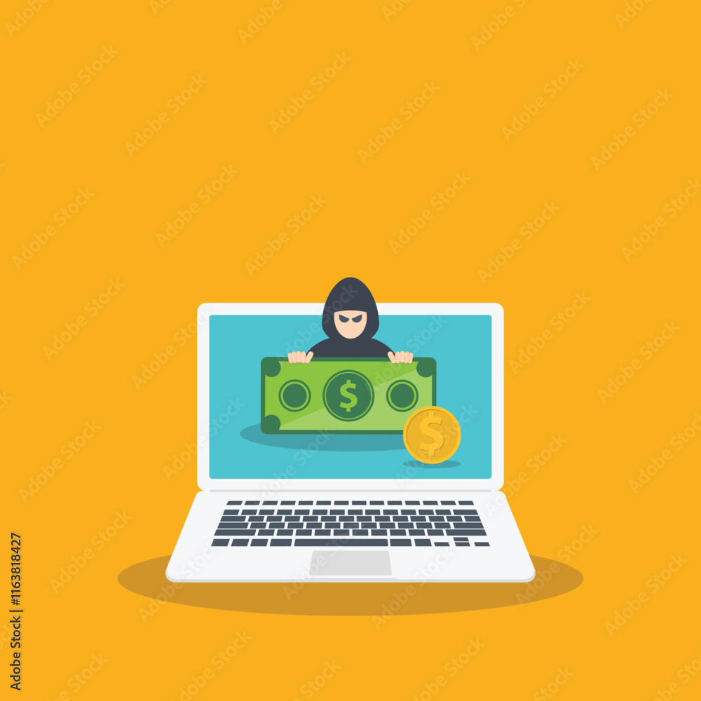 Hacking digital money. Bait website or online crime, thief steal money from online banking app concept, bait scam money. Hacking digital money. Bait website or online crime, thief steal money from online banking app concept, bait scam money.