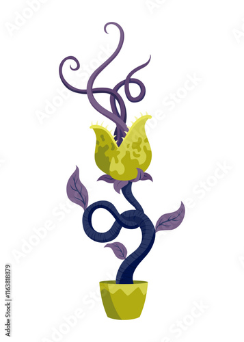 Obraz na płótnie Carnivorous plant in fantasy design. Cartoon flytrap in pot, plant monster. Vector flower predator with teeth isolated on white background w salonie