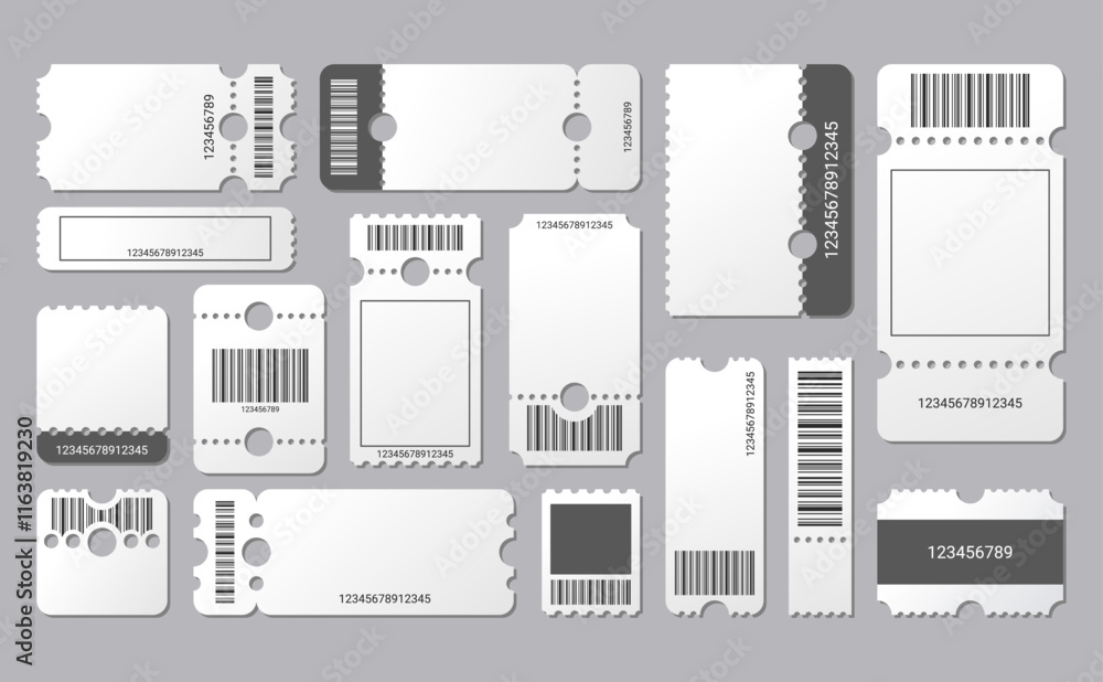 Empty tickets template. Set blank concert ticket, lottery coupons. Event coupon or cinema movie theater cards. Festival or circus paper empty flyers. Vector isolated illustration