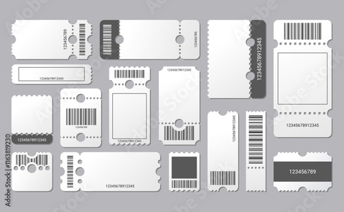 Obraz na płótnie Empty tickets template. Set blank concert ticket, lottery coupons. Event coupon or cinema movie theater cards. Festival or circus paper empty flyers. Vector isolated illustration w salonie