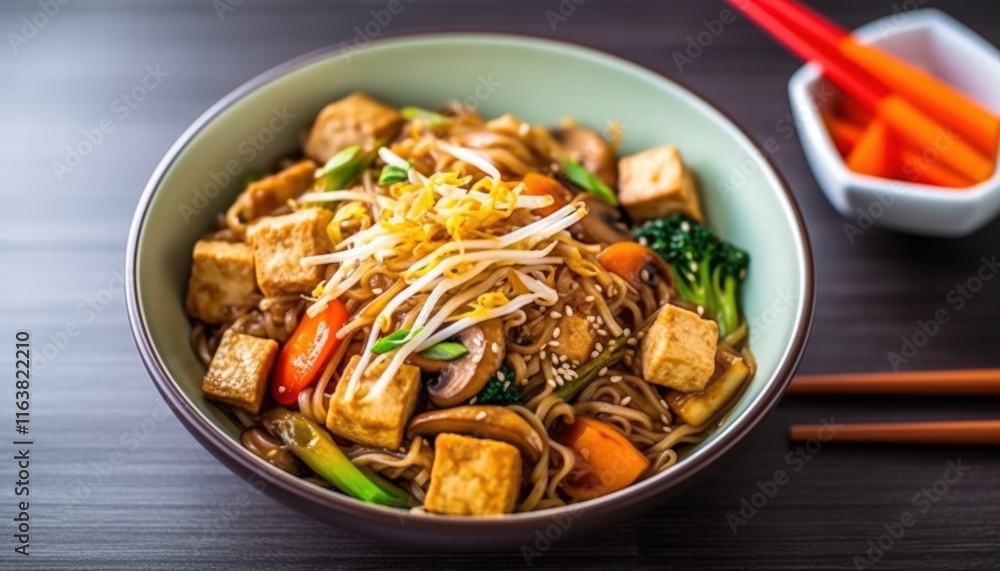Delicate Stir Fried Noodles with Tofu Garnished with Fresh Vegetables in a Bowl Surrounded by Chopsticks and Dipping Sauces Delicate Stir Fried Noodles with Tofu Garnished with Fresh Vegetables in a Bowl Surrounded by Chopsticks and Dipping Sauces