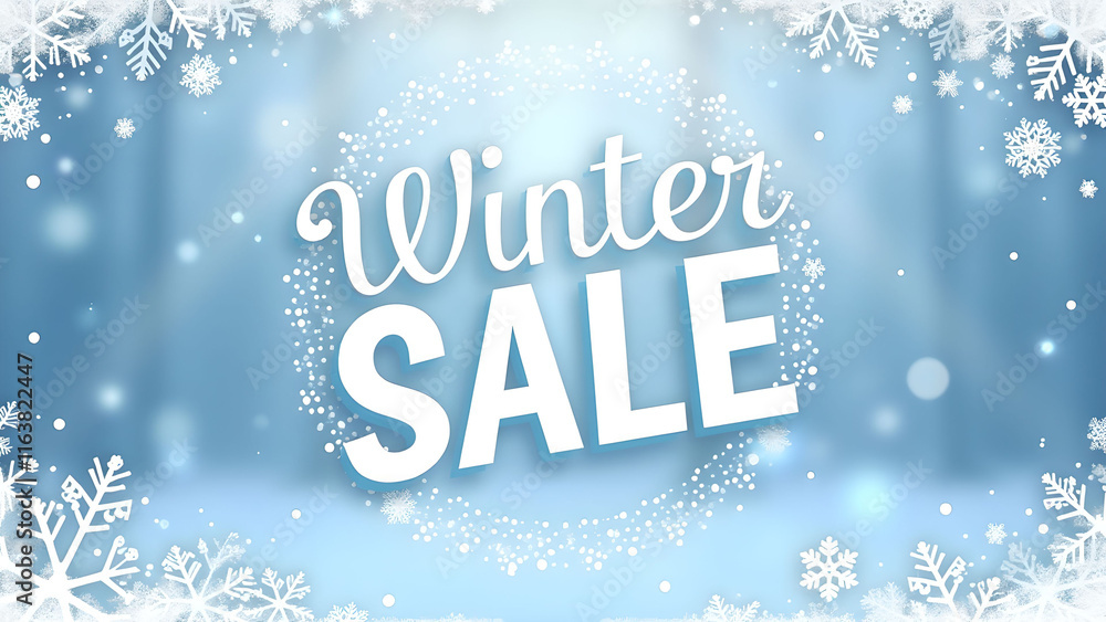 Winter Sale Banner with Snowflakes and Forest Background. Concept of Holiday Shopping and Discounts. Winter Sale Banner with Snowflakes and Forest Background. Concept of Holiday Shopping and Discounts.