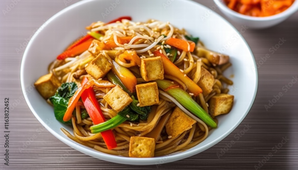 Stir Fried Noodles with Tofu and Fresh Vegetables in a Bowl on a Wooden Table with a Side of Pickled Carrots and a Creamy Texture Stir Fried Noodles with Tofu and Fresh Vegetables in a Bowl on a Wooden Table with a Side of Pickled Carrots and a Creamy Texture
