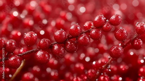 Red Berries Glisten With Dewy Droplets On Branch photo