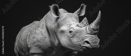 Close-up monochrome portrait of a rhinoceros against a black background. photo