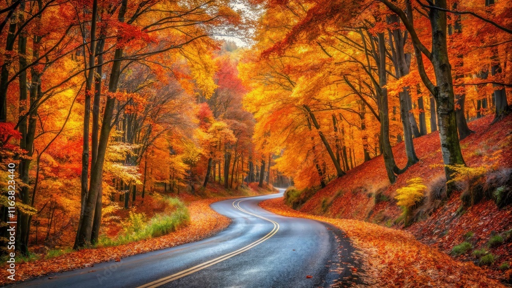 Fototapeta premium Autumn Road Through Enchanted Forest: A Serene Journey of Colorful Foliage and Nature's Beauty in a Scenic Overview