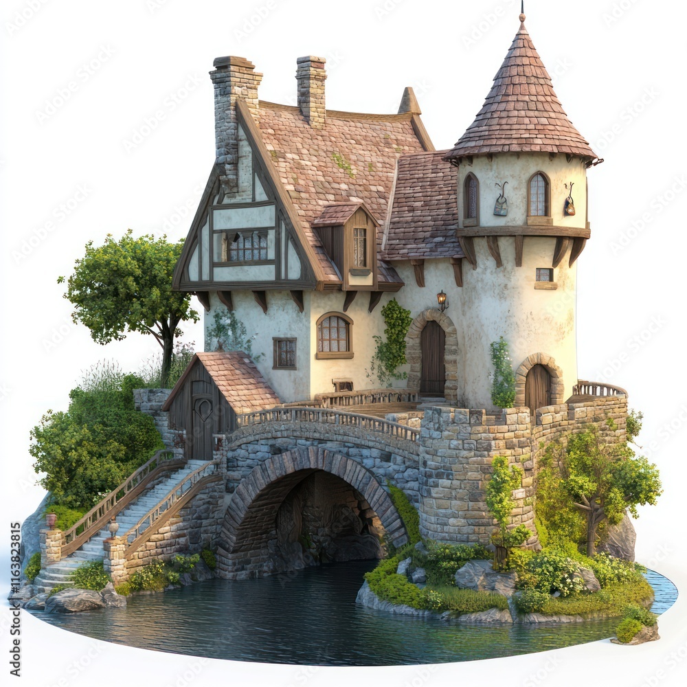 House with a drawbridge over a moat. vector style art 3d illustration Isolated on White Background House with a drawbridge over a moat. vector style art 3d illustration Isolated on White Background