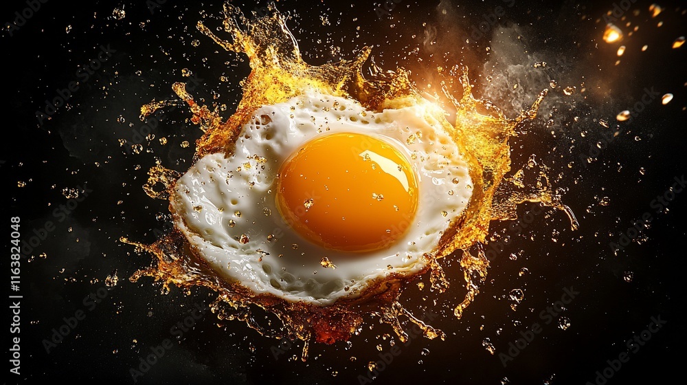 A fried egg splashing in a dramatic fiery background. A fried egg splashing in a dramatic fiery background.