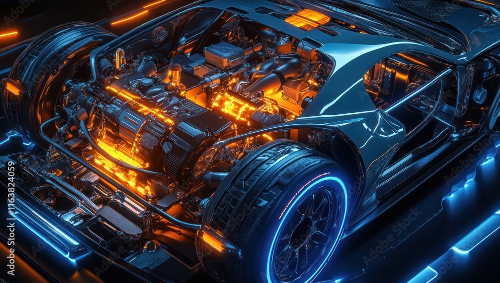Futuristic Car Engine with Glowing Lights Futuristic Car Engine with Glowing Lights