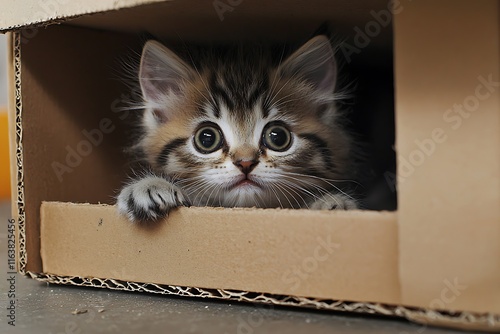 Playful Kitten Inside Small Box, Fluffy Kitten in Cardboard Peek, Kitten Curled Up in Box