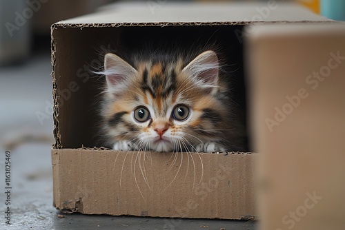 Fluffy Kitten Peeking from Cardboard, Curious Kitten Hiding in Box, Kitten Peeking Out of Cardboard
