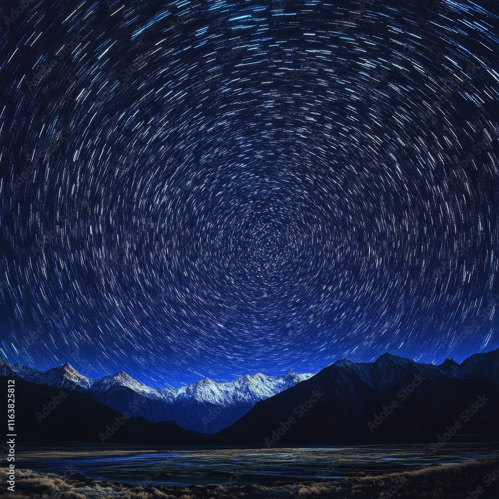 Fototapeta premium Night Sky With Star Trails Over Mountains and Dark Blue Landscape