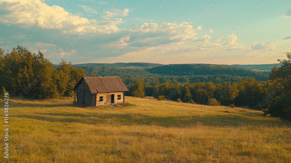 Fototapeta premium Abandoned Wooden Cabin Stands in a Serene Meadow During Sunset in a Tranquil Rural Landscape