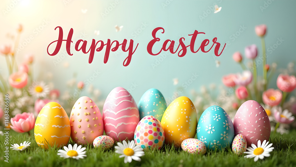 Happy Easter greeting with colorful eggs and flowers. Concept of spring, celebration, and holiday. Happy Easter greeting with colorful eggs and flowers. Concept of spring, celebration, and holiday.