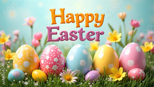 Happy Easter greeting card with colorful eggs and flowers. Concept of spring, celebration, and Easter.
