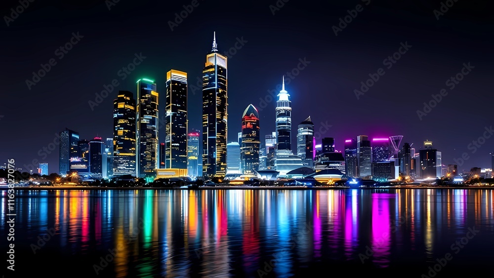 Fototapeta premium A Vibrant City Skyline at Night, Illuminated by Colorful Neon Lights Reflecting off Towering Skyscrapers
