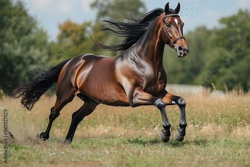 Horse Mid-Strides with Power, Horse in Dynamic Running Pose, Strong Horse with Outstretched Legs