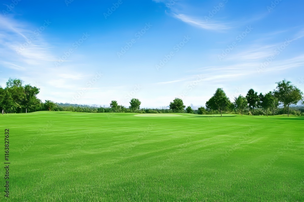 Expansive Green Field Under a Clear Blue Sky With Scattered Trees and Distant Hills on a Sunny Day Expansive Green Field Under a Clear Blue Sky With Scattered Trees and Distant Hills on a Sunny Day