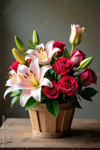 Wallpaper Mural Freshly picked roses and lilies in a wooden basket, floral, botanical, baskets Torontodigital.ca