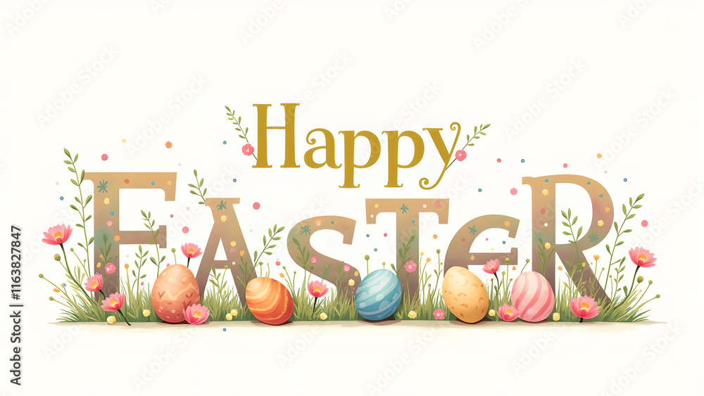 Naklejka premium Happy Easter greeting card with colorful eggs and flowers. Concept of spring, celebration, and Easter.