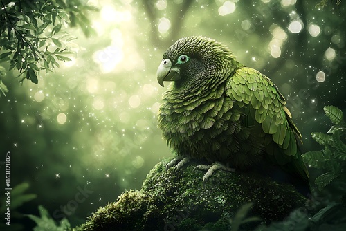 Kakapo Parrot on a Mossy Rock, Kakapo in Moonlight Resting Peacefully