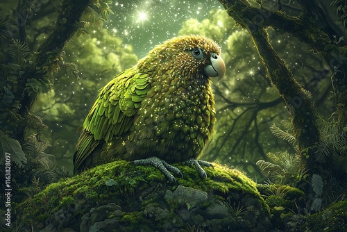 Kakapo Nestled on Mossy Rock, Moonlit Kakapo on Mossy Rock, Kakapo Resting Under Moonlit Sky
