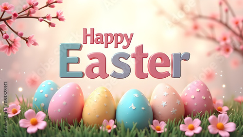 Happy Easter greeting with colorful eggs and cherry blossoms. Concept of spring, celebration, and Easter.
