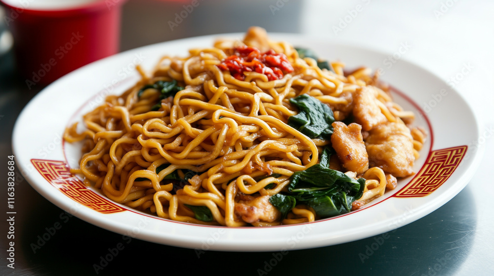 A fresh plate of yi mein noodles with a touch of red for good fortune during Chinese New Year celebrations. A fresh plate of yi mein noodles with a touch of red for good fortune during Chinese New Year celebrations.