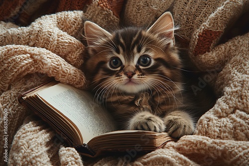 Kitten Resting Near Open Book, Cozy Corner with Book and Cat