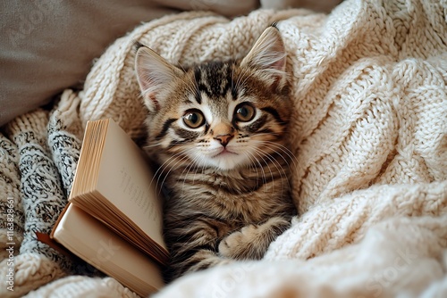 Kitten Lounging by Book in Corner, Relaxing Kitten in Corner with Book