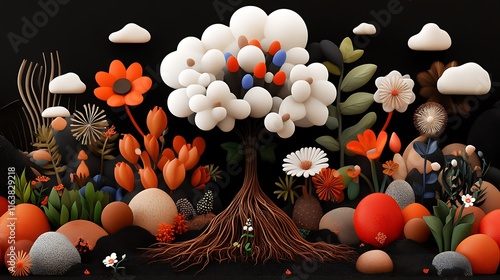 Abstract 3D Render: Whimsical Flower Garden at Night AI Generated