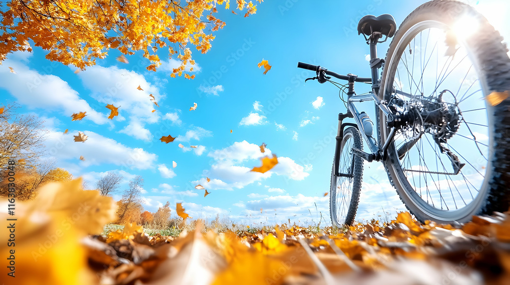 Naklejka premium Mountain bike on autumn leaves with falling leaves and blue sky.