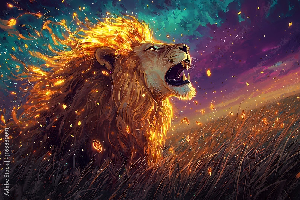 Naklejka premium Roaring Lion with Shimmering Mane