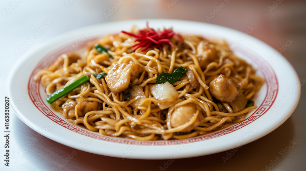 A minimalist plate of yi mein with an elegant red garnish, symbolizing Chinese New Year celebrations. A minimalist plate of yi mein with an elegant red garnish, symbolizing Chinese New Year celebrations.
