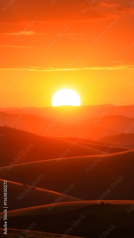 Obraz premium Radiant Sunset Over Rolling Hills - Vertical Phone Wallpaper Background