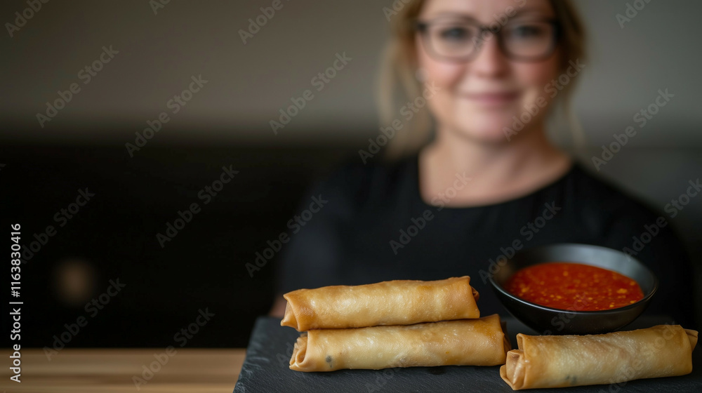 A minimalist presentation of lumpia rolls arranged on a slate board with vibrant chili dipping sauce, highlighting modern elegance and traditional Chinese New Year flavors. A minimalist presentation of lumpia rolls arranged on a slate board with vibrant chili dipping sauce, highlighting modern elegance and traditional Chinese New Year flavors.
