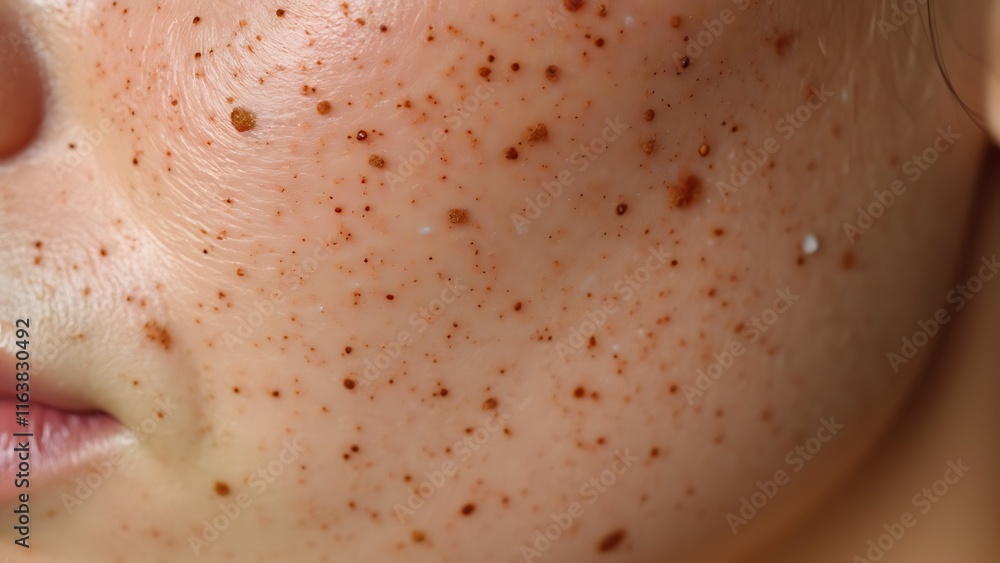 Fototapeta premium A zoomed-in view of a human cheek covered in freckles, highlighting their clustering pattern and gradient of brown hues