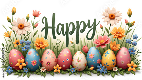 Happy Easter greeting card with decorated eggs and flowers. Concept of spring, celebration, and Easter.