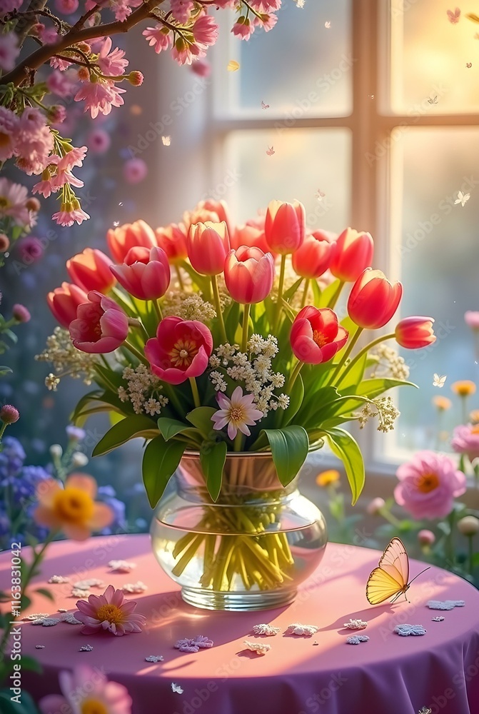 A spring bouquet of tulips in a vase by a window with blossoms and butterflies. International Women's Day A spring bouquet of tulips in a vase by a window with blossoms and butterflies. International Women's Day