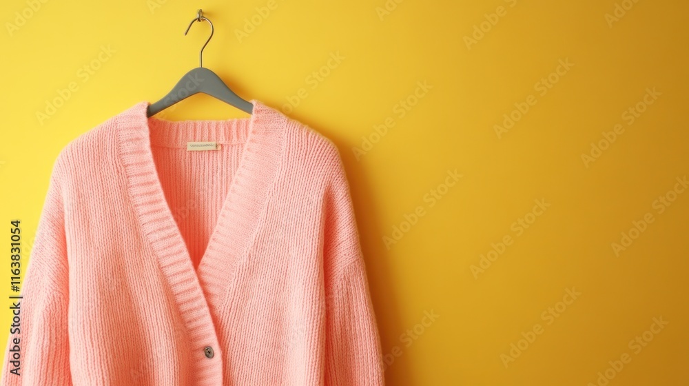 Pink knitted cardigan hanging on a dark gray hanger against a yellow background. Pink knitted cardigan hanging on a dark gray hanger against a yellow background.