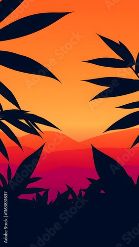 Tropical Leaves Silhouette Against Sunset Gradient - Vertical Phone Wallpaper Background