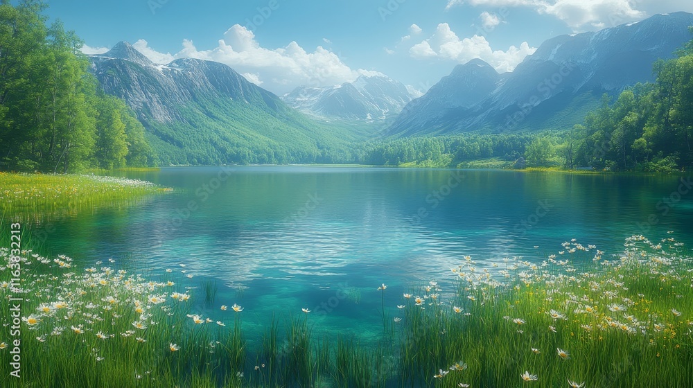 Naklejka premium Serene Mountain Landscape With Crystal Clear Lake Surrounded by Lush Greenery and Blooming Flowers on a Sunny Day
