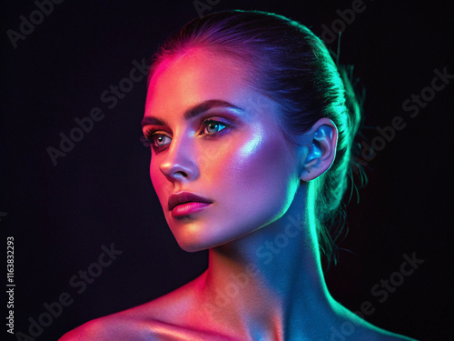 A beautiful female with a glowing face in neon colors.