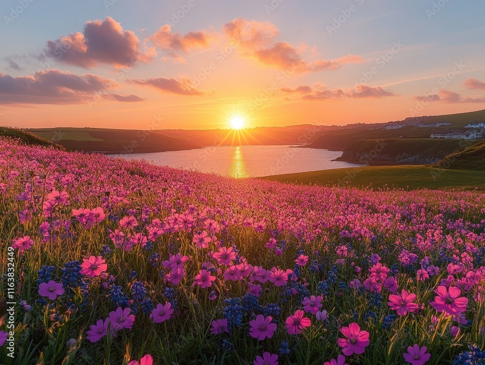 Fototapeta premium Vibrant sunset over a field of wildflowers near a calm bay.